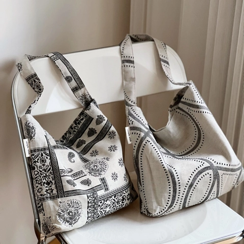 Borsa A Tracolla Sottobraccio Artistica Cotone Lino Stampa Paisley Geometrica Vintage Shopping Bag Casual Donna Chiusura Magnetica