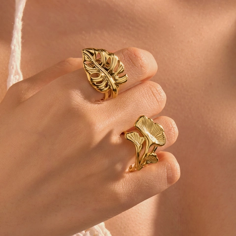 Edelstahl Ginkgoblatt Monstera Blatt Offener Ring Für Damen Vergoldet Nischen-Design High-End INS Stil Verstellbare Ringe Modeschmuck