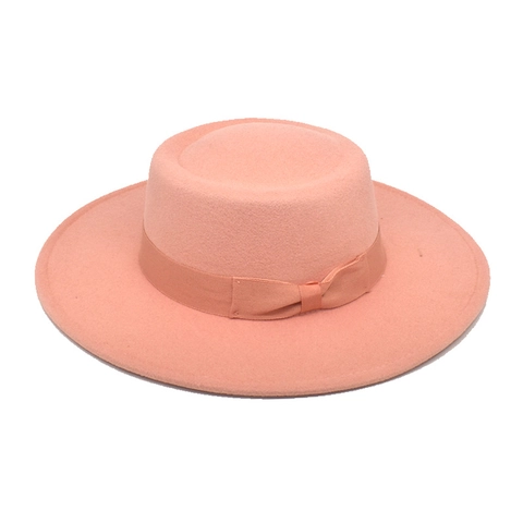 Boater Hat Women Wide Brim Flat Top Cotton Polyester Felt Vintage Jazz Fedora Ribbon Bow Autumn Winter Warm Solid Color