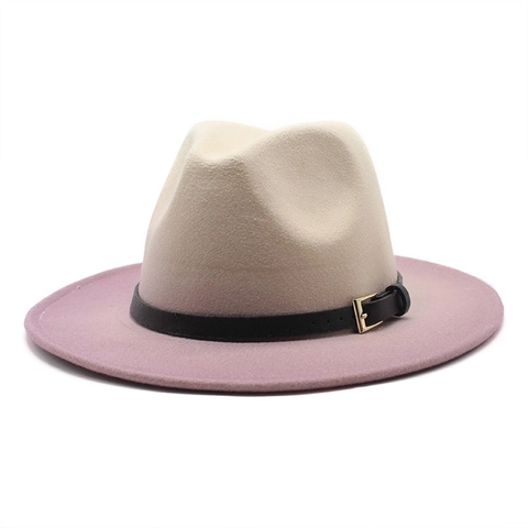 Klassieke Fedora Hoed Met Brede Rand Verloop Tweekleurig Vilt Jazz Pet Met Leren Riem Metalen Gesp Unisex Retro