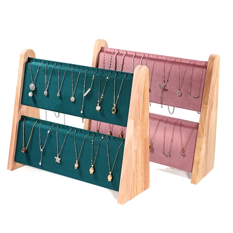 Necklace Display Stand Wood Velvet Multi-Row Foldable Jewelry Organizer Holder Slanted Countertop Showroom Display