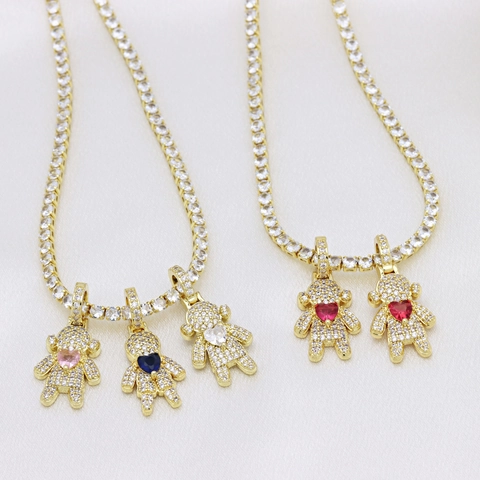 Herz Zirkonia Teddybär Anhänger Halskette Vergoldet Kupfer Bunter Edelstein Figur Puppe Schmuck Für Frauen