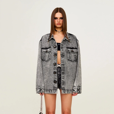 Women Denim Jacket Long Sleeve Oversized Button Down Outerwear Acid Wash Streetwear Casual Shirt