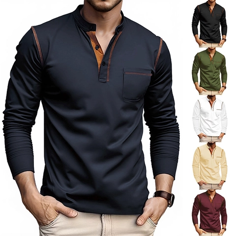 Men's Long Sleeve Henley Shirt Breathable Contrast Stitching Button Placket Top Lightweight Casual Fashion Tee With Pocket