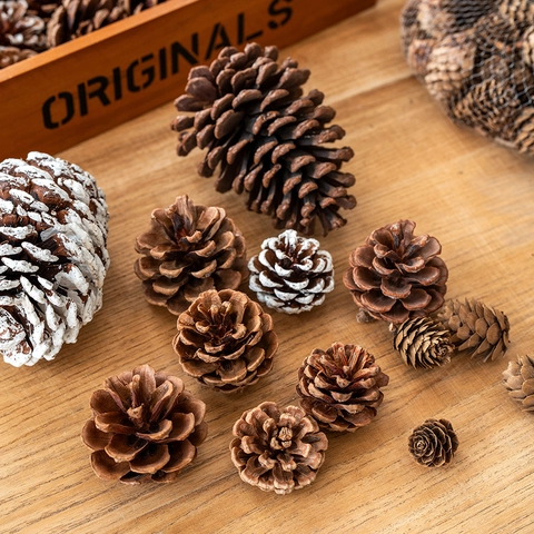 Natural Dried Pine Cones For Christmas Home Decoration Rustic Style Snow Tipped Silver Pinecones For DIY Craft Wedding Party Table