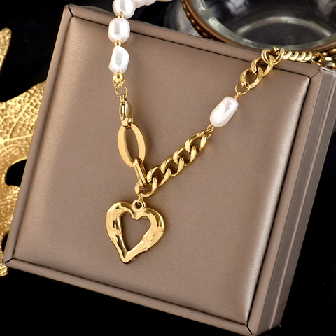 Collana con Pendente a Cuore in Acciaio Inossidabile Vintage con Perla Artificiale Irregolare Collana Catena Placcata Oro Donna