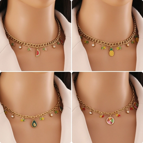 Frucht Anhänger Halskette Edelstahl Emaille Wassermelone Ananas Avocado Schmuck Für Frauen Bunte Perlen Strass Accessoires