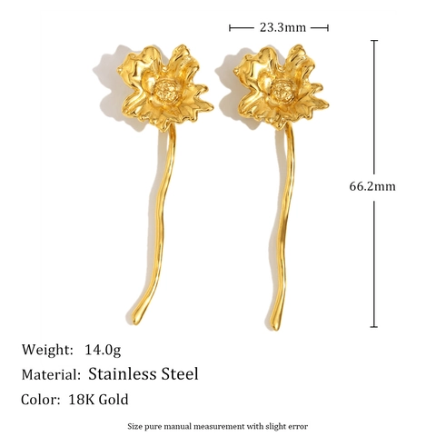 Pendientes Colgantes Florales Vintage Acero Inoxidable 316L Bañado En Oro 18K Tallo Largo Ondulado Estilo Francés