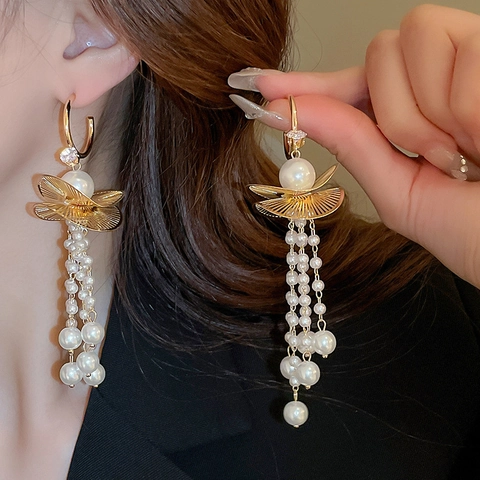 Vintage Σκουλαρίκια Φούντα Με Φύλλα Λωτού Με 925 Sterling Silver Earring Post Alloy Zircon Imitation Artificial Pearl Για Γυναίκες