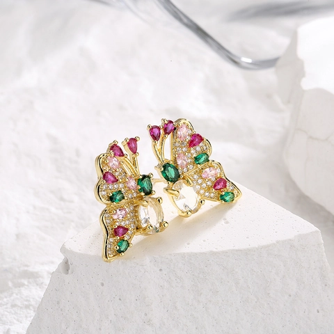 Boucles Doreilles Puces Papillon Abeille Zircon Colore Cuivre Plaque Or 18K Micro Pave Strass Style INS Pour Femmes