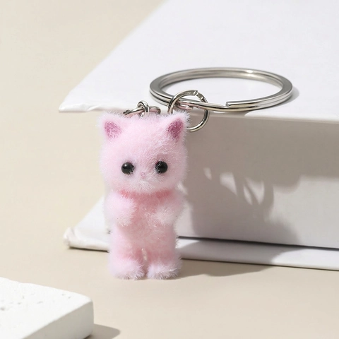 Simpatico Portachiavi Gatto Floccato 3D Resina Metallo Animale Fascino Borsa Ciondolo Morbida Consistenza Velluto Per Donne