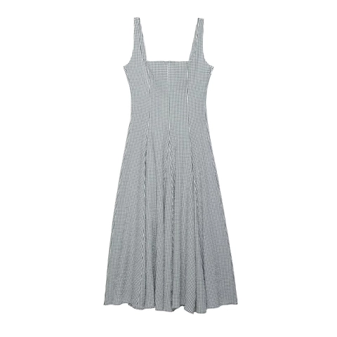 Women Gingham Midi Dress Spaghetti Strap Square Neck High Waist A-Line Plaid Sleeveless Summer Casual