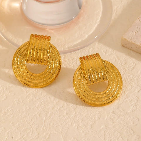 Boucles D'oreilles Pendantes Martelées Or 18K Plaqué Acier Inoxydable Rétro Style INS Géométrique Pour Femmes