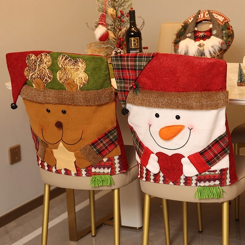 Christmas Chair Covers Plush Fabric Non-Woven Santa Snowman Reindeer Pattern Plaid Sequined Home Party Festive Decoration