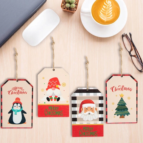 Ornamenti Appesi In Legno Di Natale Con Cordino Cartone Animato Babbo Natale Pupazzo Di Neve Pinguino Etichette Decor