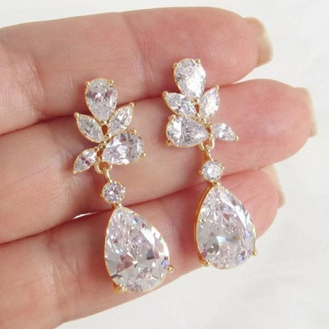 Orecchini Pendenti Goccia Rame Zirconia Taglio Pera Matrimonio Sposa Banchetto Elegante Moda Per Donne