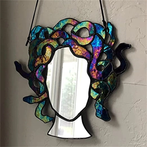 Medusa Head Hanging Mirror Stained Glass Style Sun Catcher Acrylic Wall Art Decor Mythological Serpent Woman Ornament For Home Windows Patio Garden