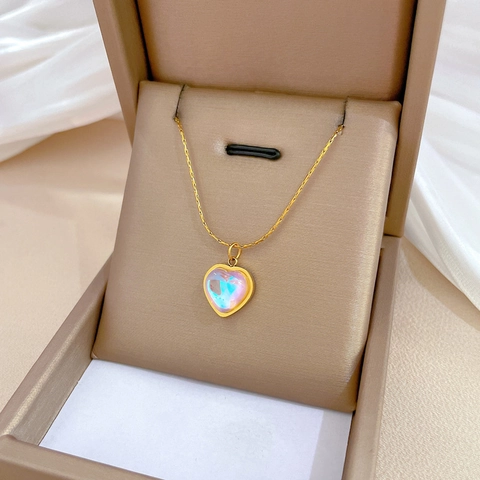 Hart Hanger Ketting Titanium Staal Goud Verguld Kleurrijk Iriserend Minimalistisch Sleutelbeen Ketting Voor Dames