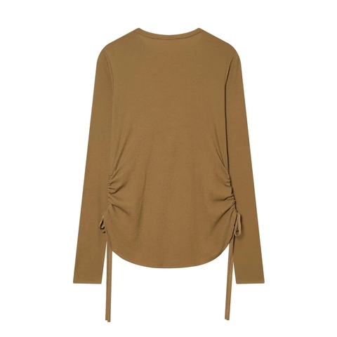 Women Long Sleeve T-Shirt Side Drawstring Ruched Rib Knit Slim Fit Crew Neck Solid Brown Casual Top