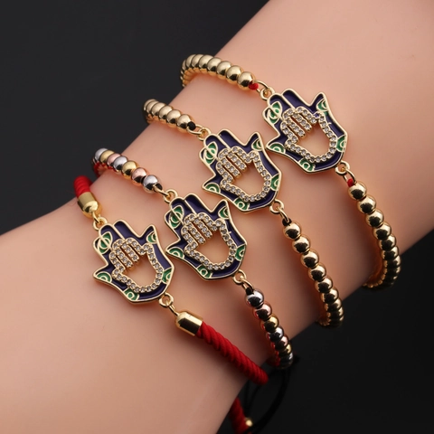 Hamsa Hand Bracelet Copper Enamel Zircon Adjustable Woven Rope Bohemian Ethnic Charm For Women