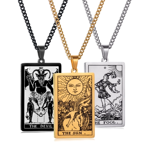Tarotkarte Anhänger Halskette Edelstahl Vintage Rechteckige Platte Mystisch Gravierter Gothic Schmuck Unisex