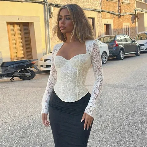 Women Long Sleeve Lace Corset Top Slim Fit Sexy Sheer Fishbone Waist V-Neck Party Streetwear White