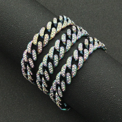 Cuban Link Chain Bracelet Necklace Alloy Full Rhinestone Iced Out Rainbow Colorful Iridescent Hip Hop Jewelry Unisex