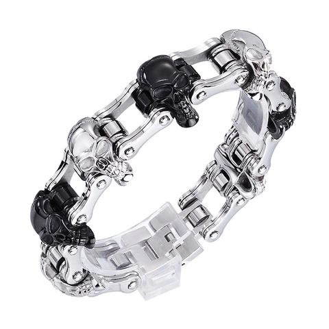 Bracciale Da Uomo Acciaio Inossidabile 316L Teschio Heavy Punk Rock Biker Catena Argento Nero Bicolore