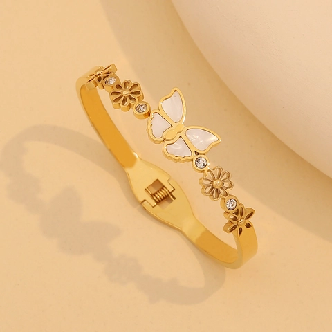 Stainless Steel Gold Plated Bangle Bracelet With Mother Of Artificial Pearl Butterfly Tree Of Life Rhinestone Flower For Women Fashion