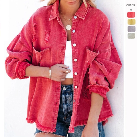 Dames Distressed Denim Jas Lange Mouwen Gerafelde Zoom Knoopsluiting Losse Bovenkleding Shacket Met Zakken Streetwear