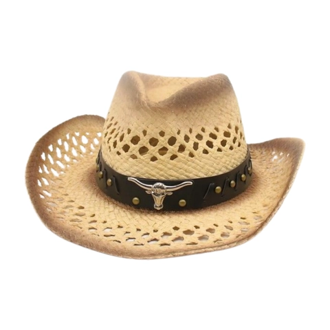 Western Cowboy Straw Hat Breathable Hollow Wide Brim Sun Protection Vintage Ethnic With Leather Band Metal Bull Head