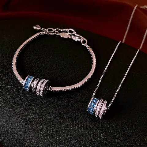 Luxus Vintage Kupfer Schmuckset Damen Zylindrische Blau Weiße Zirkon Halskette Und Armband Modeaccessoires