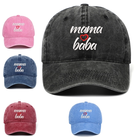 Washed Cotton Baseball Cap Mama Baba Heart Embroidery Vintage Distressed Adjustable Dad Hat Casual Hip Hop For Men Women