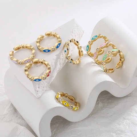 Bague Ouverte Oeil Maléfique Cuivre Plaqué Or 18K Émail Zircon Géométrique Réglable Bijoux De Mode Pour Femmes Style Bohême