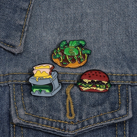 Épingle en Émail Nourriture Dessin Animé Créatif Alliage Burger Beignet Grille-pain Signe Dollar Broche Badge Bijoux de Mode Drôles Accessoire pour Vêtement Sac
