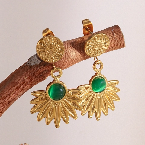 Orecchini Pendenti A Forma Di Ventaglio Acciaio Inossidabile Placcato Oro 18K Agata Verde Vintage Pietra Ovale Stile Francese Elegante Donne