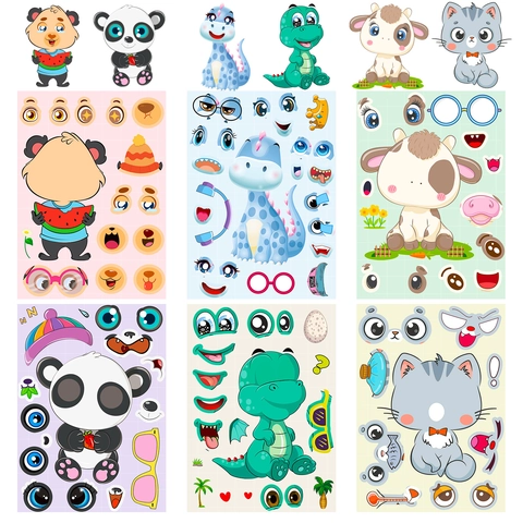 Make A Face Stickers DIY Cartoon Animal Dinosaur Unicorn Panda Cat Creative Educational Craft Toys For Kids Early Learning