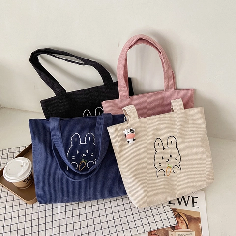 Borsa Tote In Velluto A Coste Con Ricamo A Forma Di Coniglio Cartone Animato Borsa A Tracolla Casuale Con Ciondolo A Mucca