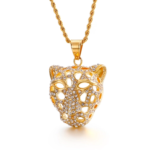 Tiger Leopard Head Pendant Necklace Stainless Steel Iced Out Rhinestone Hollow Hip Hop Men Jewelry