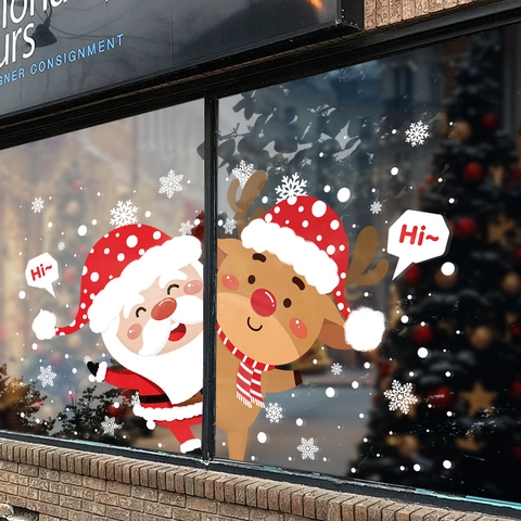Christmas Window Stickers Static Cling PVC Reindeer Santa Claus Snowflake Double Sided Holiday Home Decor