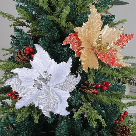 Artificial Christmas Flowers Glitter Poinsettia Fabric Floral Ornaments For Holiday Tree Wedding Party Decor