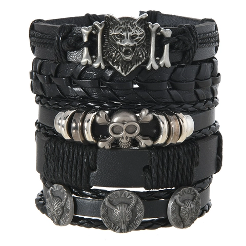 Bracciale in Pelle Punk Vintage da Uomo con Ciondolo Testa di Lupo Teschio Toro Intrecciato a Strati Biker Gothic Regolabile