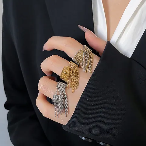 Tassel Beaded Open Ring Stainless Steel Adjustable Wide Band Trendy Niche Design Index Finger Jewelry For Women