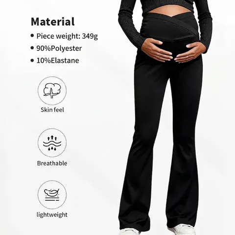 Umstands-Yogahose Polyester Elastan Überkreuzte Bauchstütze Hohe Taille Po-Lifting Schmaler Schnitt Schlaghose Leggings