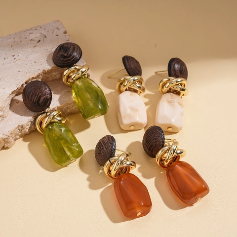 Retro Holz Und Harz Geometrische Hängeohrringe Mit 925 Sterling Silber Ohrstecker