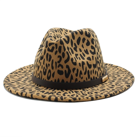 Leopard Print Fedora Hat Wool Felt Wide Flat Brim Jazz Cap With Leather Belt Gold Buckle Retro Style For Men Women