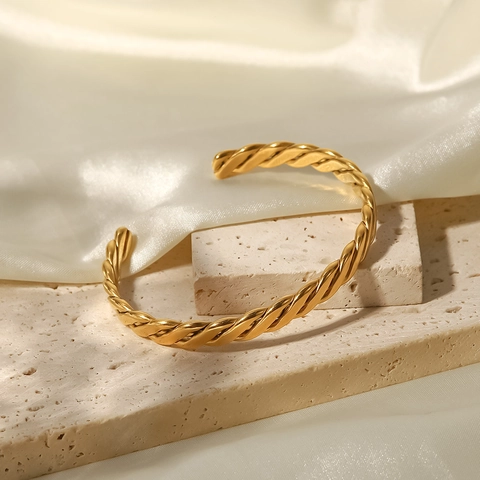 Women Fashion Minimalist Twisted Rope Bangle Bracelet Stainless Steel Gold Plated Ins French Style Elegant Jewelry