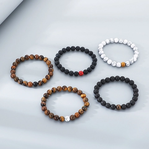 Men Beaded Bracelet Natural Tiger Eye Matte Black Agate Lava Stone White Turquoise Elastic Minimalist Jewelry Gift