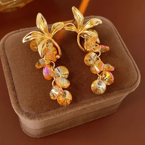 Vintage Flower Tassel Drop Earrings With Alloy Gold Champagne Glass Crystal And Silver Earring Post Retro Style Women