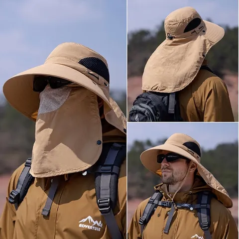 Men Outdoor Sun Protection Bucket Hat Polyester Full UV Protection Face Mask Neck Flap Breathable Hiking Fishing